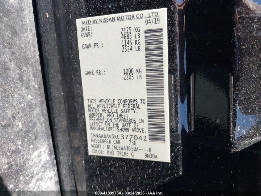 2019 NISSAN MAXIMA S/SL/SR/SV/PLATINUM - 1N4AA6AV5KC377042