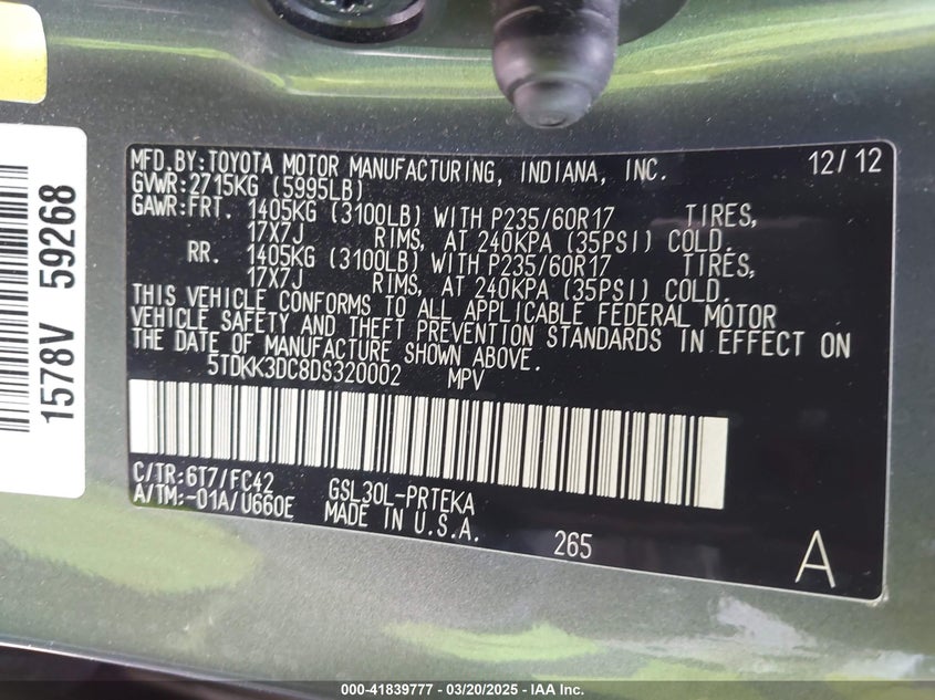 2013 TOYOTA SIENNA VIN: 5TDKK3DC8DS320002
