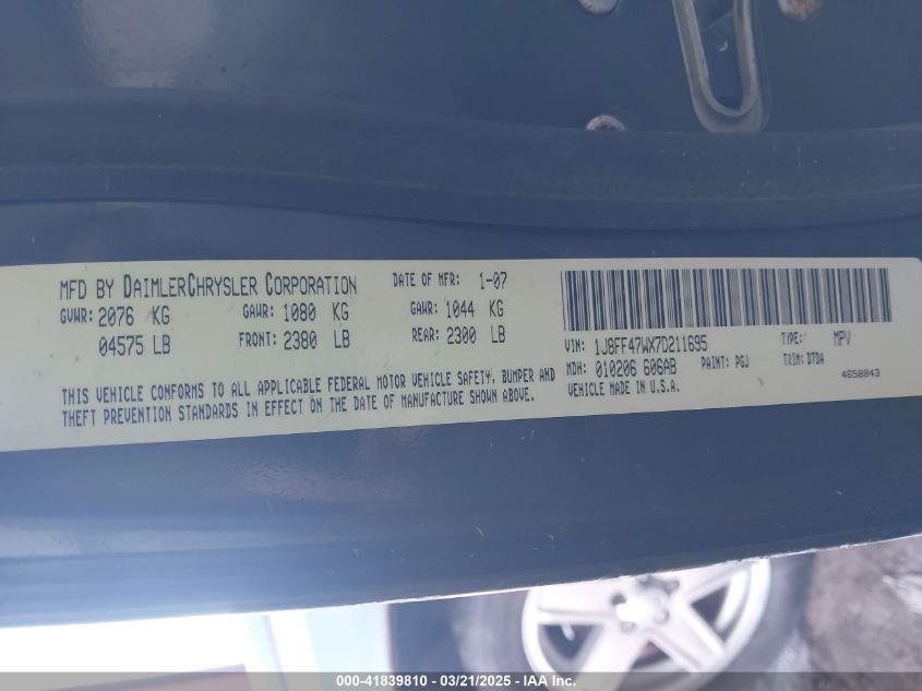 2007 Jeep Compass Sport VIN: 1J8FF47WX7D211695 Lot: 41839810