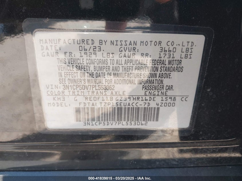 2023 NISSAN KICKS 1.6L I-4 DOHC, VVT, (VIN: 3N1CP5DV7PL553062