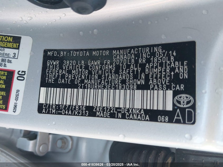 2014 TOYOTA COROLLA VIN: 2T1BURHE3EC183098
