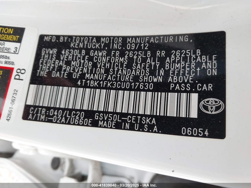 2012 TOYOTA CAMRY VIN: 4T1BK1FK3CU017630