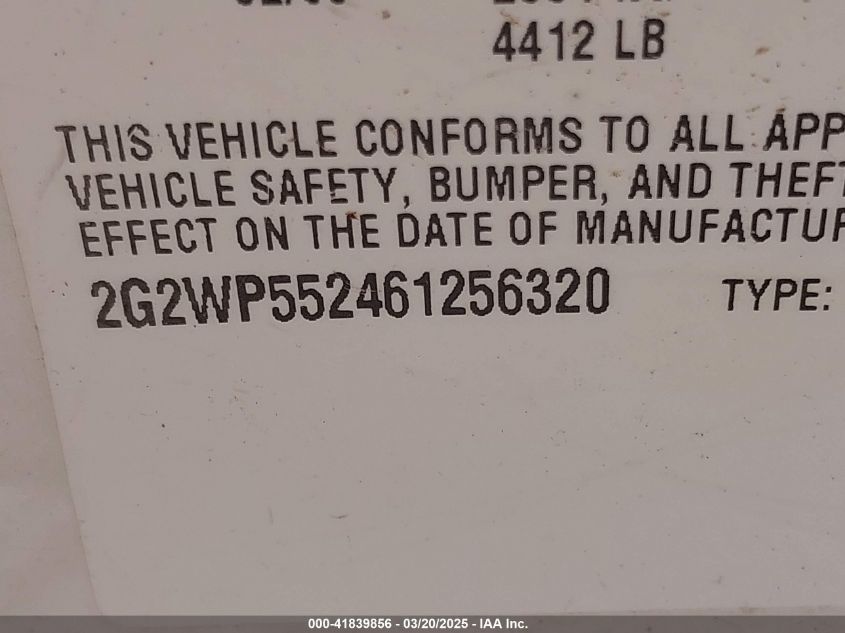 2006 Pontiac Grand Prix VIN: 2G2WP552461256320 Lot: 41839856