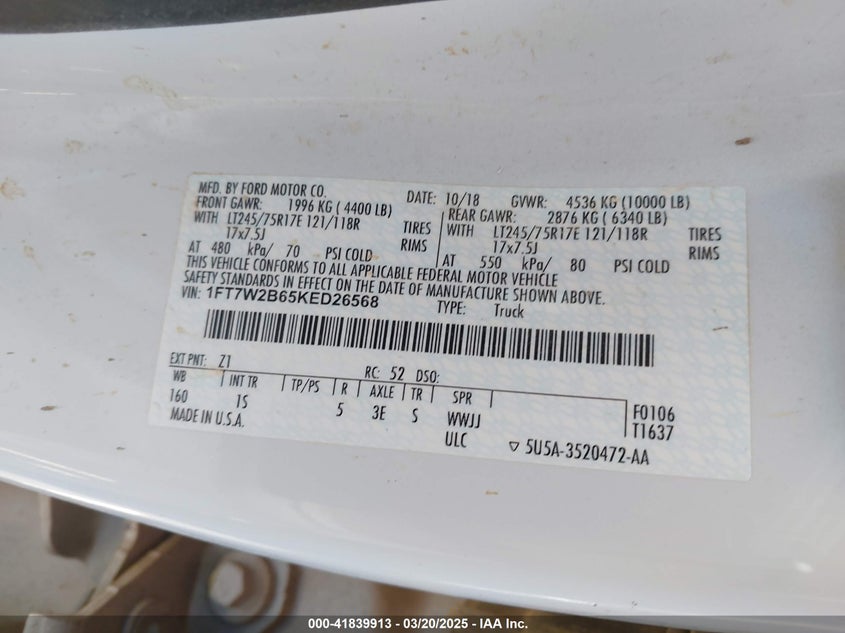 2019 FORD F-250 VIN: 1FT7W2B65KED26568