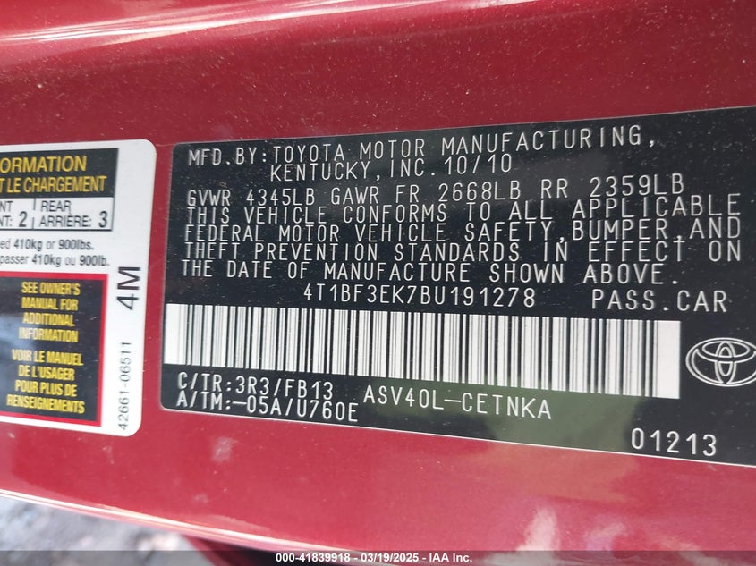 2011 TOYOTA CAMRY VIN: 4T1BF3EK7BU191278