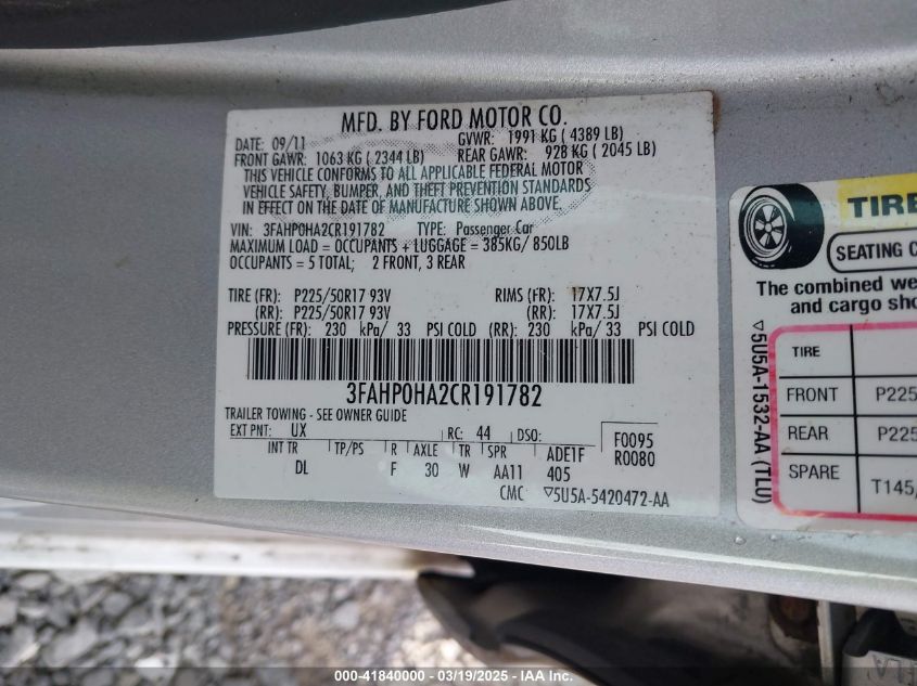 2012 Ford Fusion Se VIN: 3FAHP0HA2CR191782 Lot: 41840000