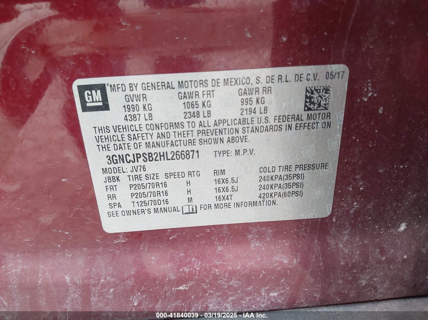 2017 CHEVROLET TRAX LT - 3GNCJPSB2HL266871