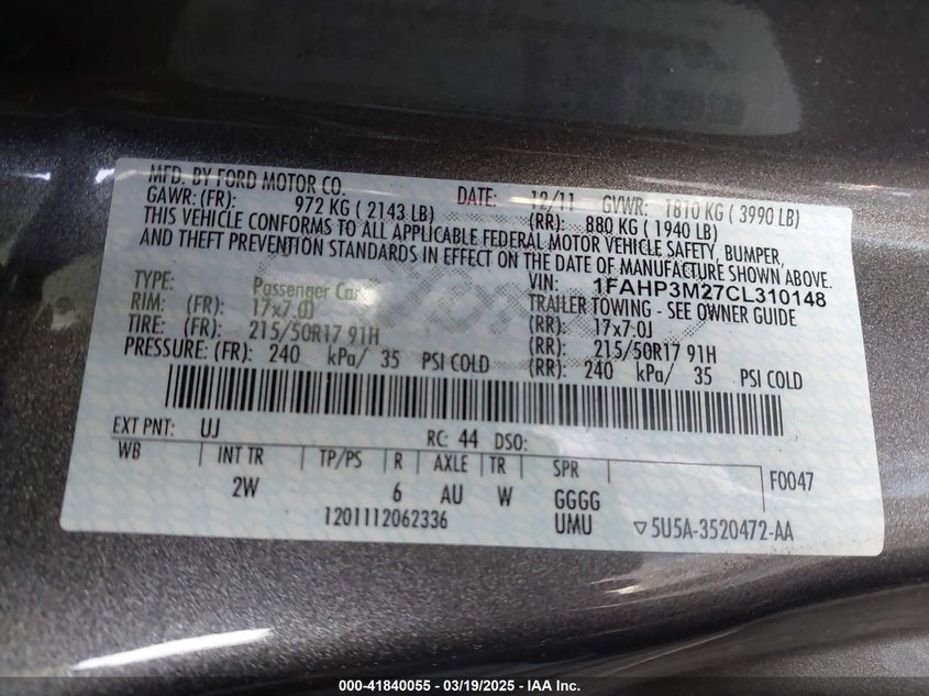 2012 FORD FOCUS VIN: 1FAHP3M27CL310148