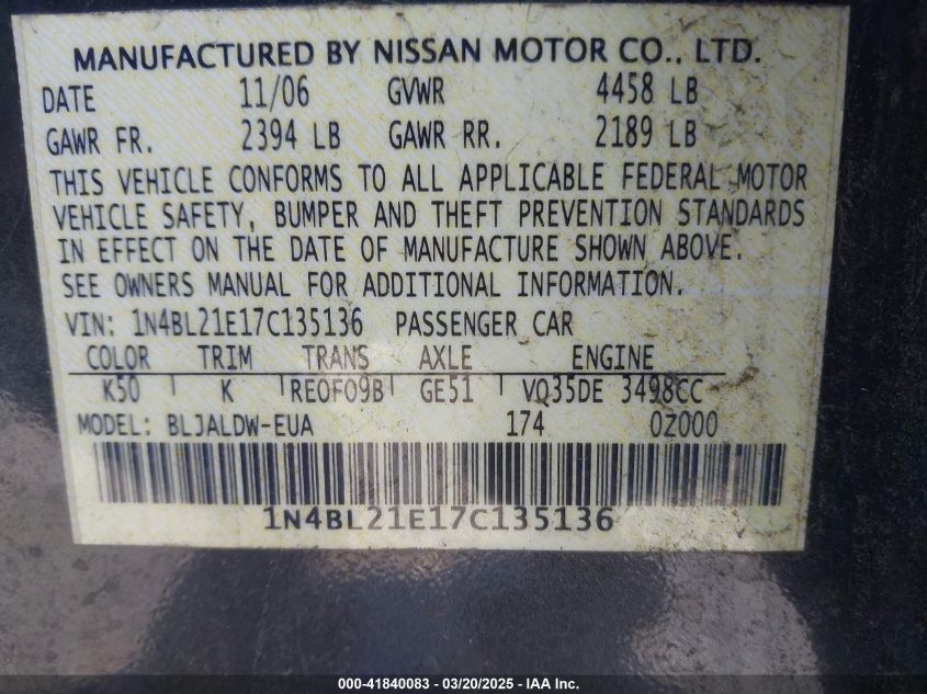 2007 Nissan Altima 3.5 Se VIN: 1N4BL21E17C135136 Lot: 43019223