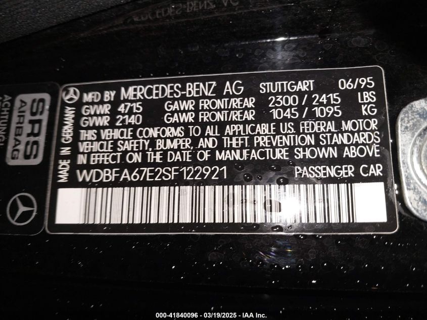 1995 Mercedes-Benz Sl 500 VIN: WDBFA67E2SF122921 Lot: 41840096