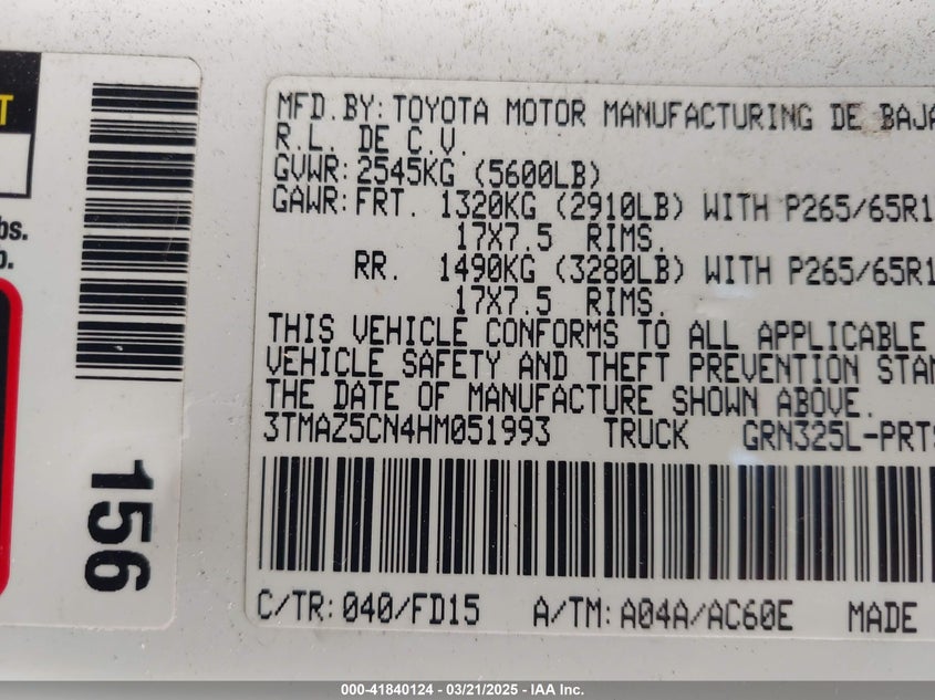 2017 TOYOTA TACOMA DBL CAB/SR5/TRD SPORT/OR - 3TMAZ5CN4HM051993