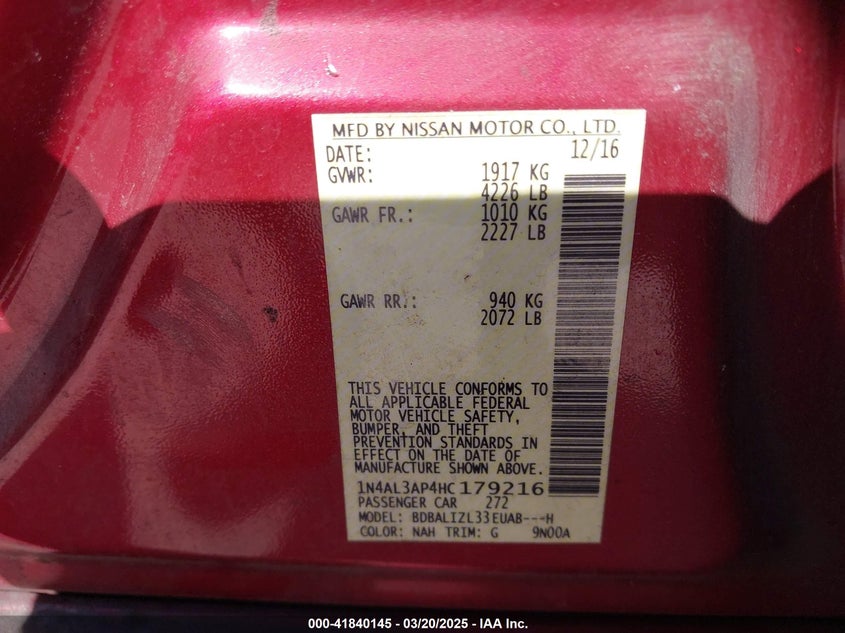 2017 NISSAN ALTIMA VIN: 1N4AL3AP4HC179216