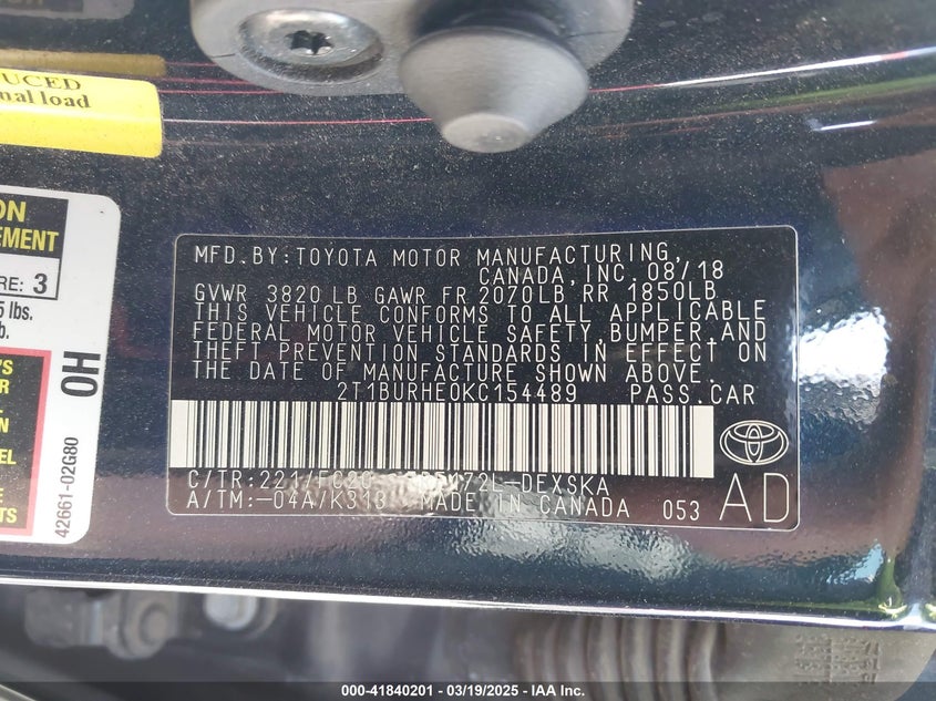 2019 TOYOTA COROLLA VIN: 2T1BURHE0KC154489