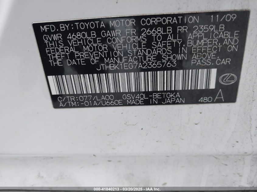 2010 Lexus Es 350 VIN: JTHBK1EG7A2365763 Lot: 41840213