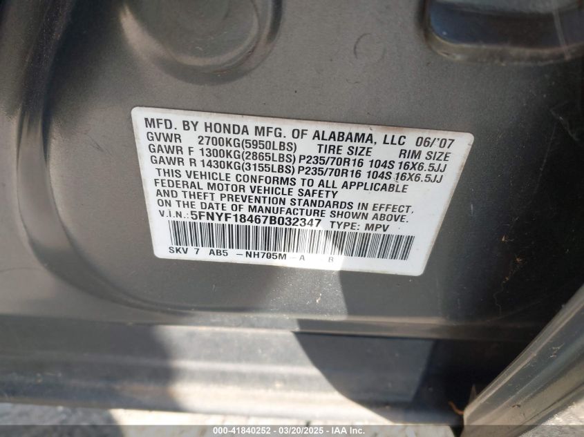 2007 Honda Pilot Ex VIN: 5FNYF184678032347 Lot: 41840252