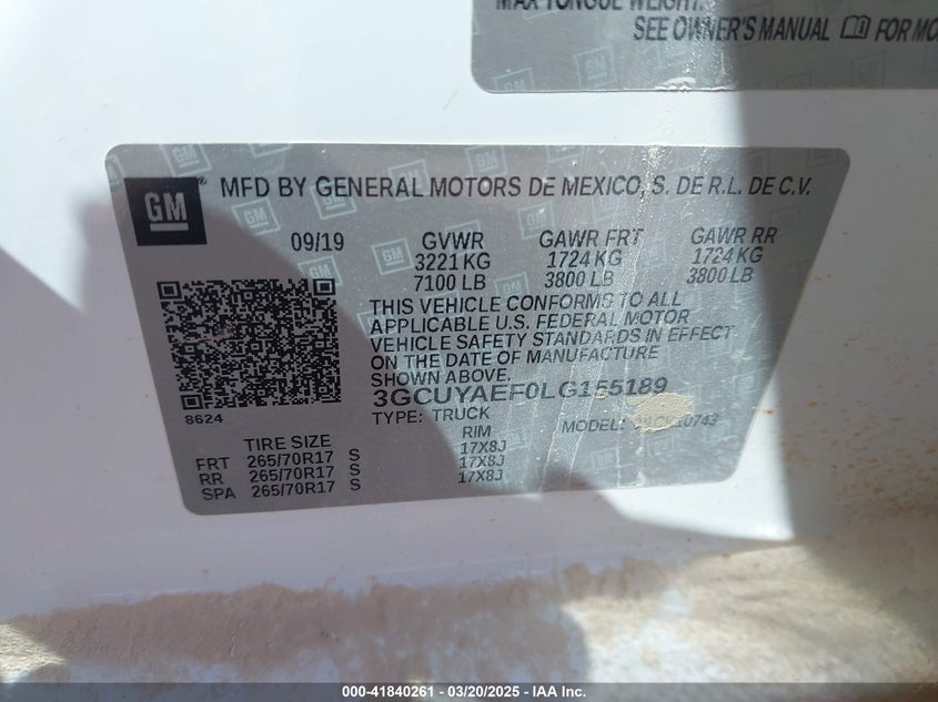 2020 CHEVROLET SILVERADO 1500 4WD  STANDARD BED WT - 3GCUYAEF0LG155189