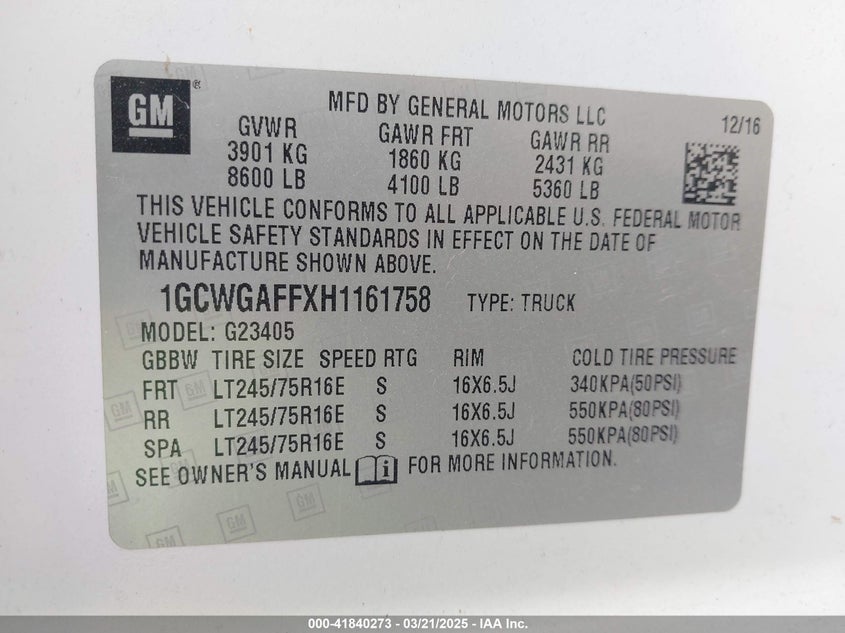 2017 CHEVROLET EXPRESS G2500 VIN: 1GCWGAFFXH1161758
