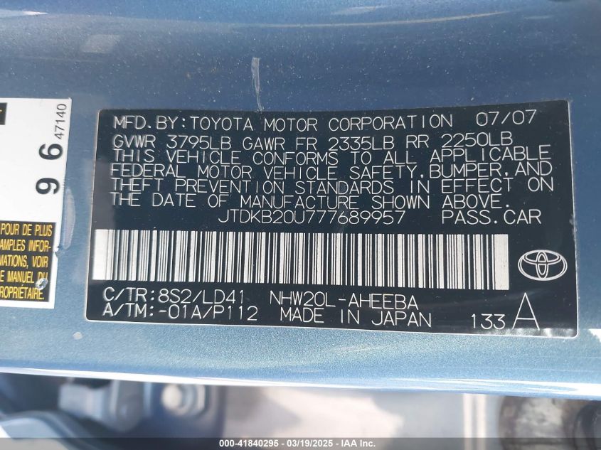 2007 Toyota Prius Touring VIN: JTDKB20U777689957 Lot: 41840295