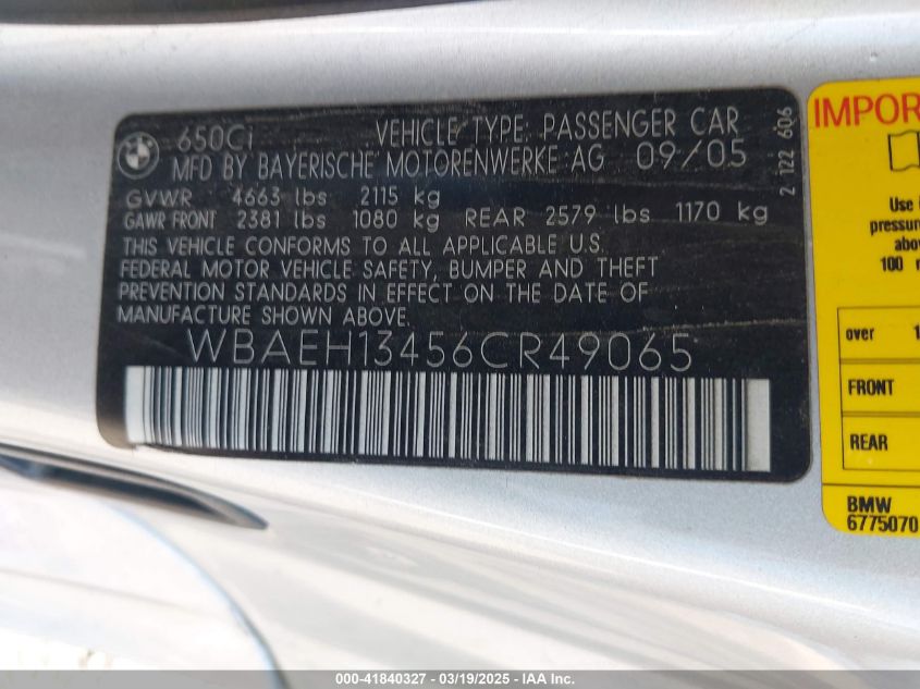 2006 BMW 650I VIN: WBAEH13456CR49065 Lot: 41840327