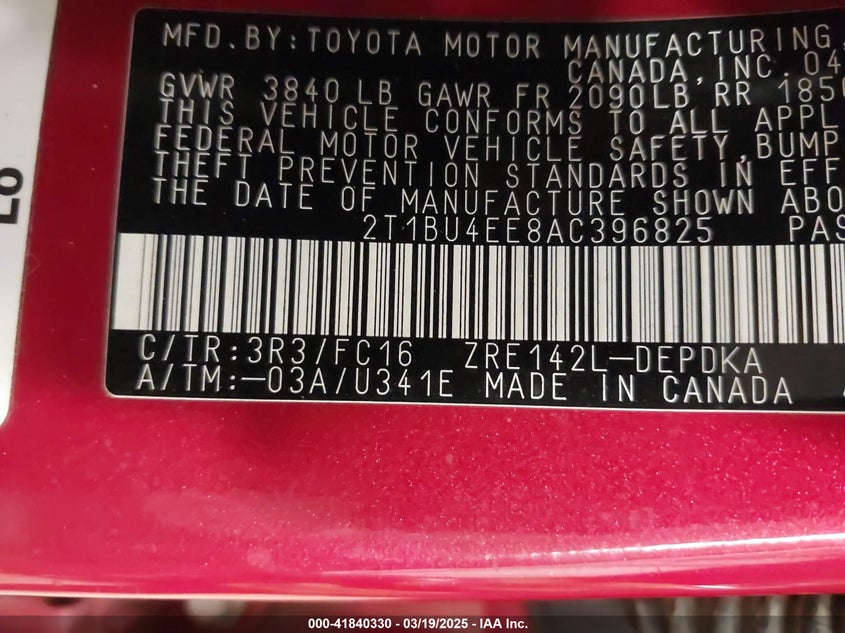 2010 TOYOTA COROLLA VIN: 2T1BU4EE8AC396825