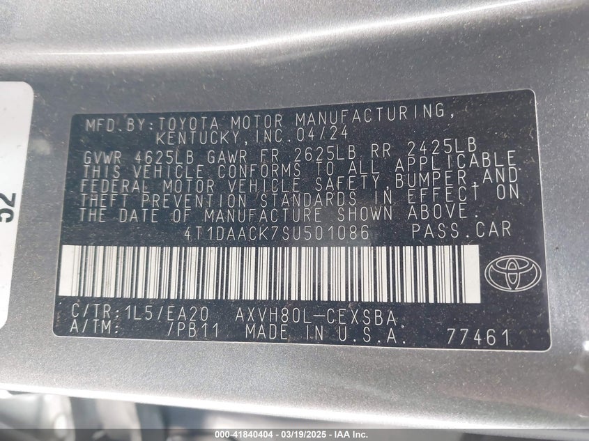 2025 TOYOTA CAMRY VIN: 4T1DAACK7SU501086