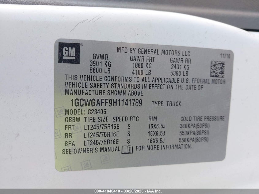 2017 CHEVROLET EXPRESS G2500 VIN: 1GCWGAFF9H1141789