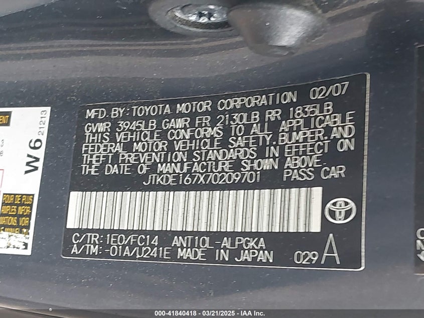 2007 SCION TC VIN: JTKDE167X70209701