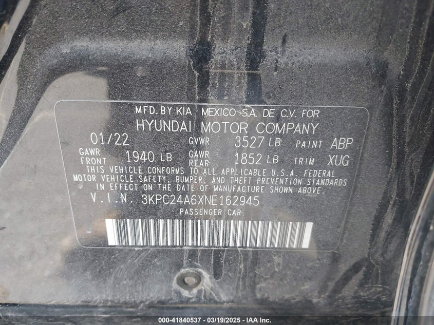 2022 HYUNDAI ACCENT VIN: 3KPC24A6XNE162945