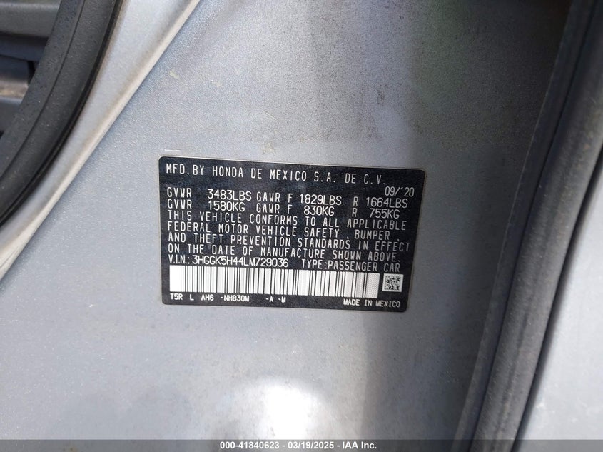 2020 HONDA FIT VIN: 3HGGK5H44LM729036