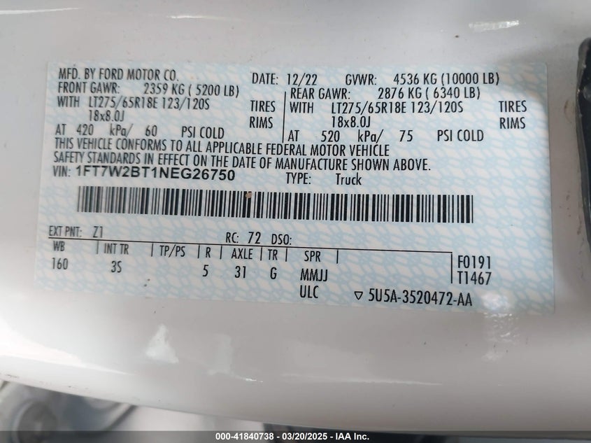 2022 FORD F-250 VIN: 1FT7W2BT1NEG26750