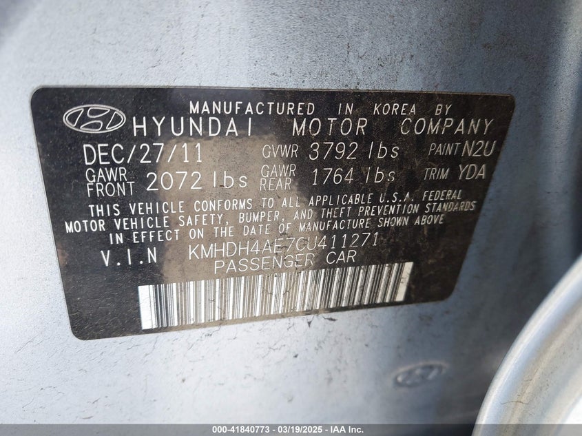 2012 HYUNDAI ELANTRA VIN: KMHDH4AE7CU411271
