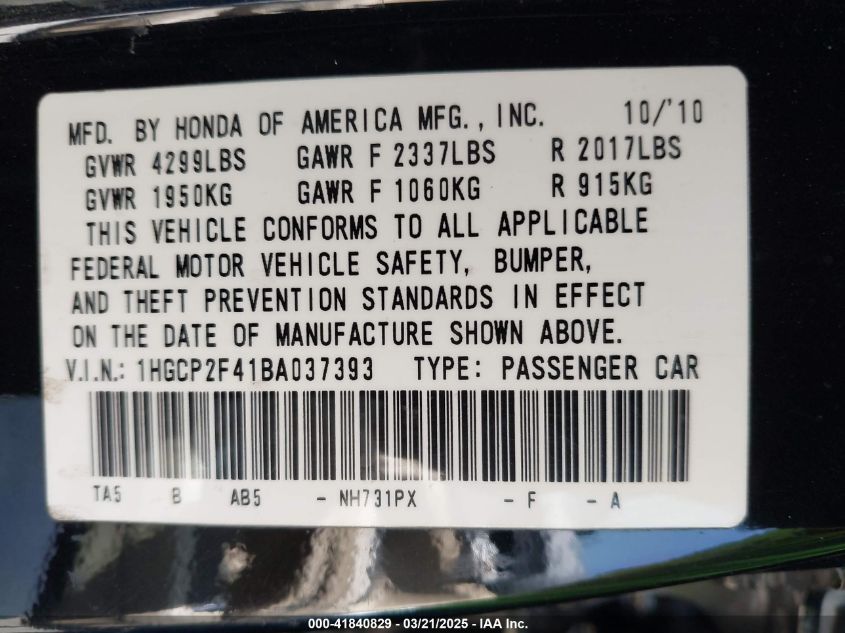 2011 Honda Accord 2.4 Lx-P VIN: 1HGCP2F41BA037393 Lot: 41840829