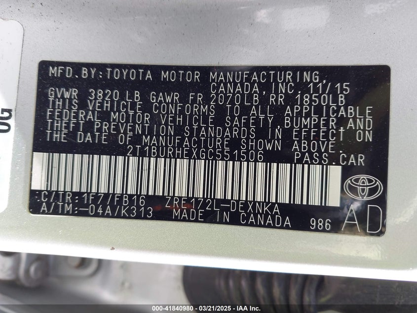 2016 TOYOTA COROLLA LE - 2T1BURHEXGC551506