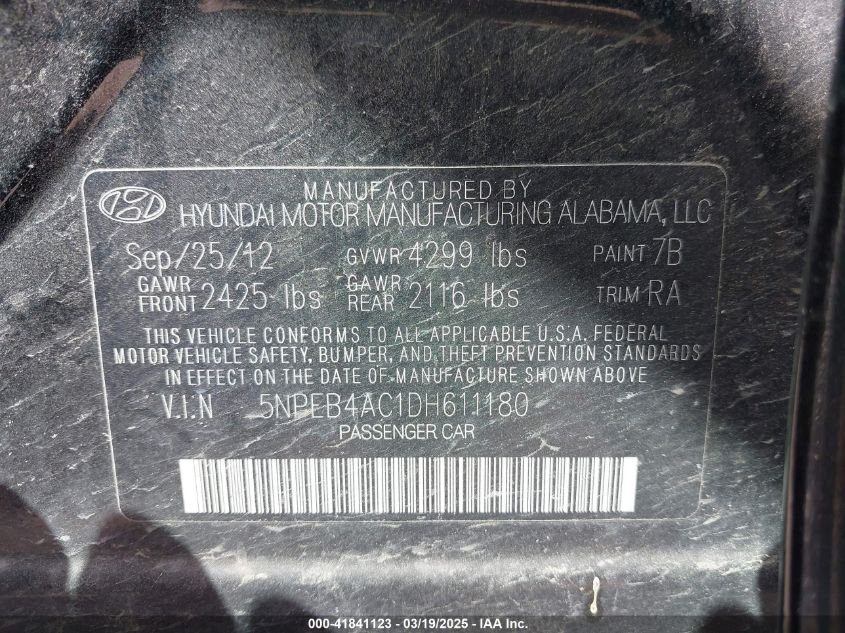2013 Hyundai Sonata Gls VIN: 5NPEB4AC1DH611180 Lot: 41841123