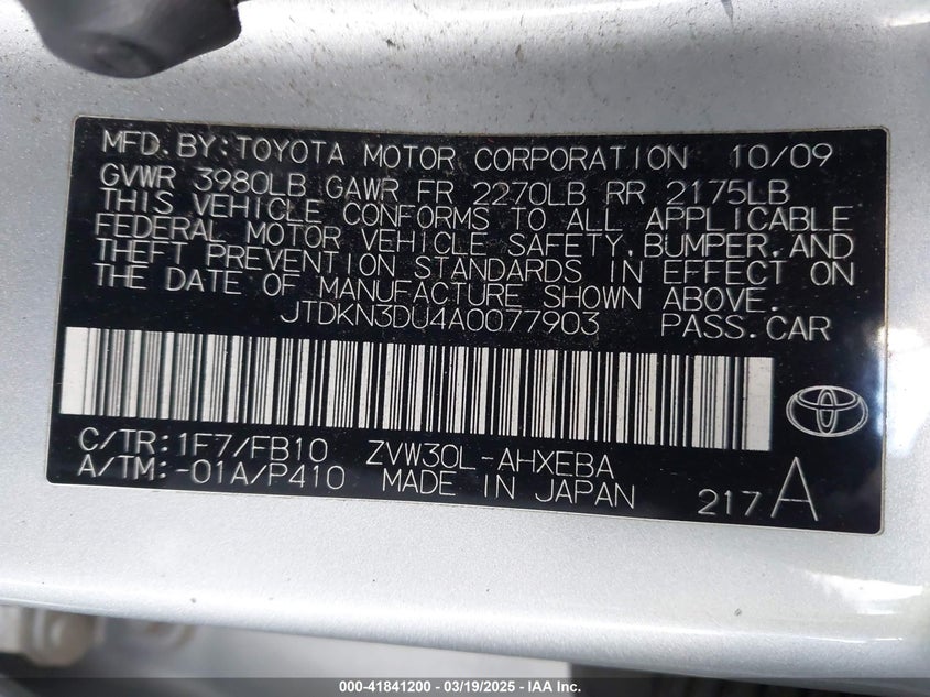 2010 TOYOTA PRIUS VIN: JTDKN3DU4A0077903