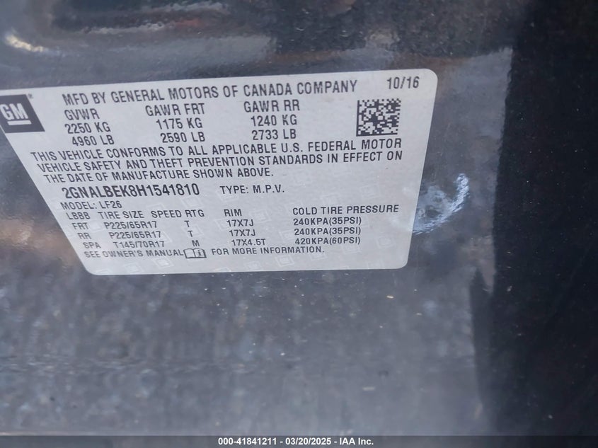 2017 CHEVROLET EQUINOX VIN: 2GNALBEK8H1541810
