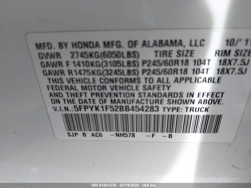 2011 HONDA RIDGELINE VIN: 5FPYK1F52BB454283