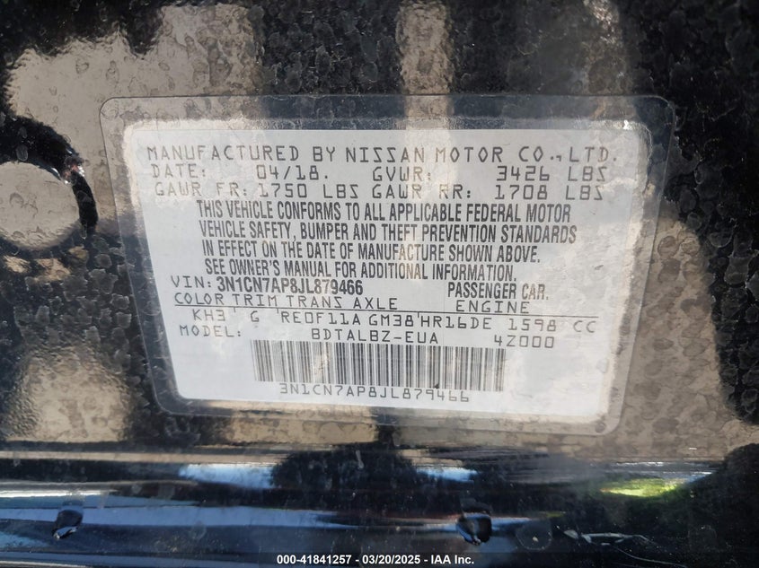 2018 NISSAN VERSA VIN: 3N1CN7AP8JL879466