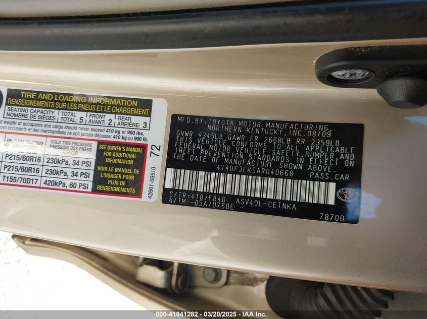 2010 TOYOTA CAMRY VIN: 4T4BF3EK5AR040668