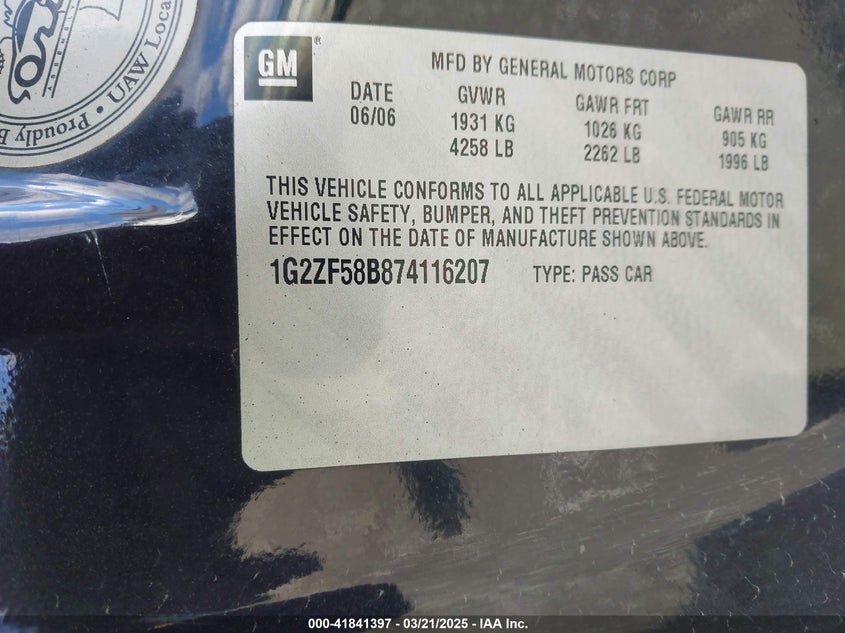 2007 PONTIAC G6 VIN: 1G2ZF58B874116207
