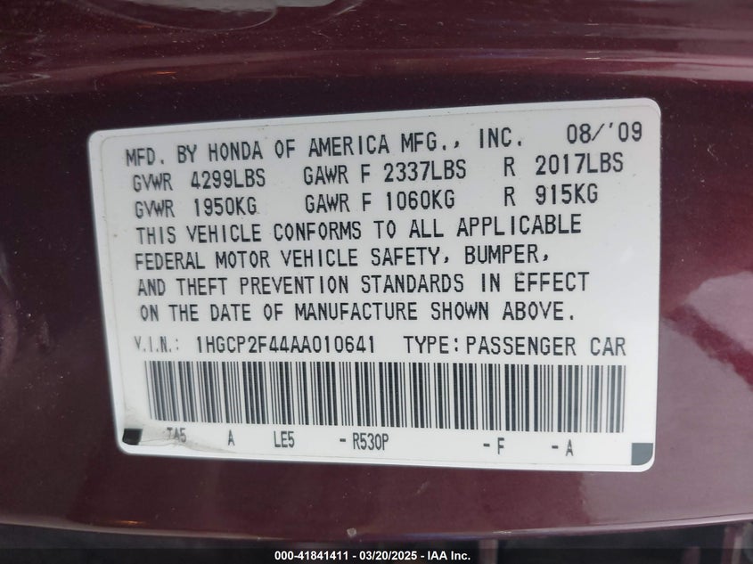 2010 HONDA ACCORD VIN: 1HGCP2F44AA010641