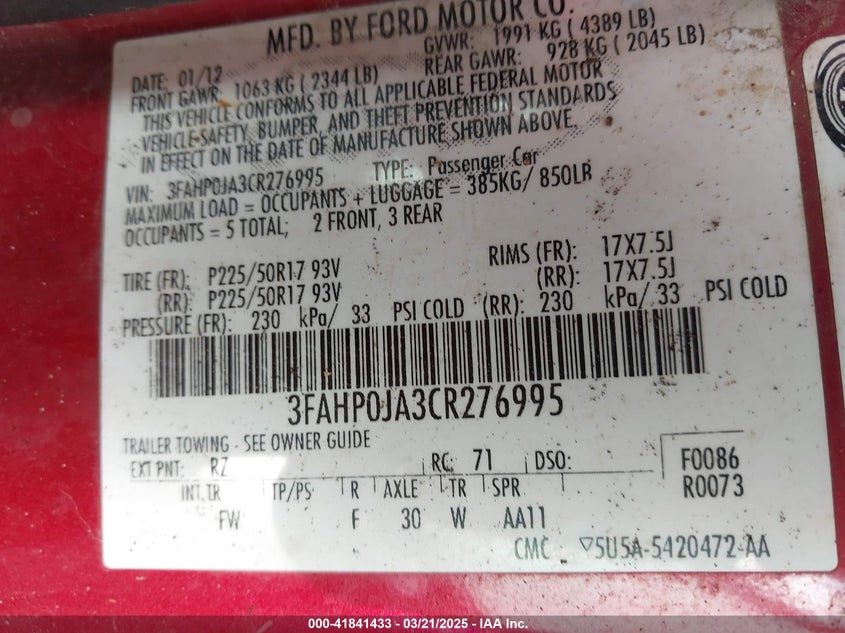 2012 FORD FUSION VIN: 3FAHP0JA3CR276995