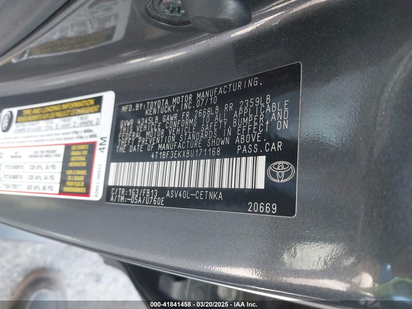 2011 TOYOTA CAMRY VIN: 4T1BF3EKXBU171168