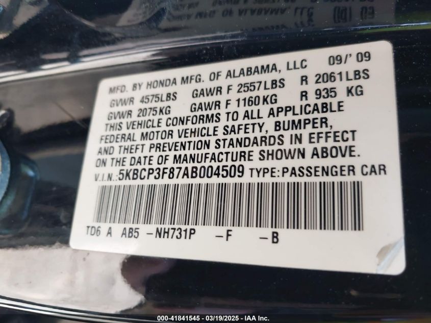 2010 Honda Accord 3.5 Ex-L VIN: 5KBCP3F87AB004509 Lot: 41841545