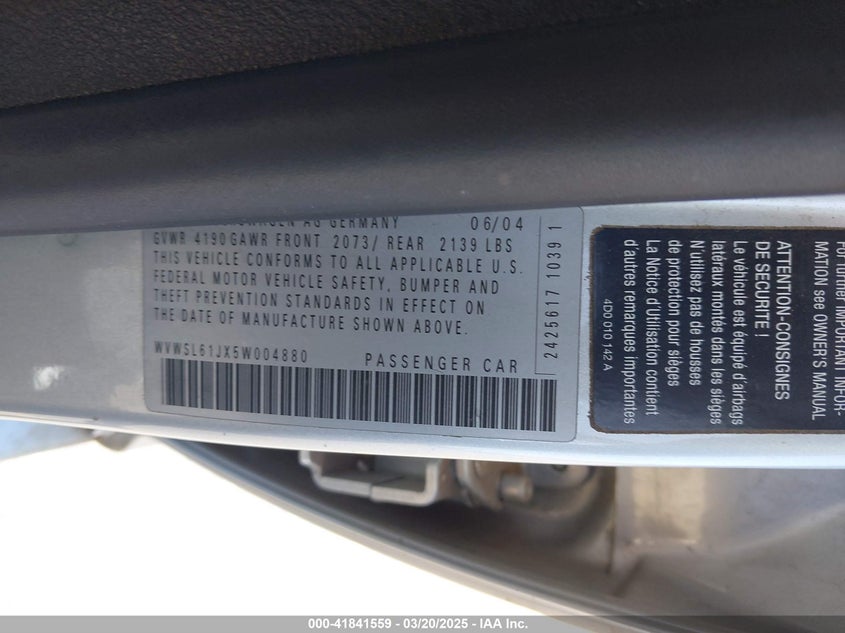 2005 Volkswagen Jetta Gls 2.0L VIN: WVWSL61JX5W004880 Lot: 41841559