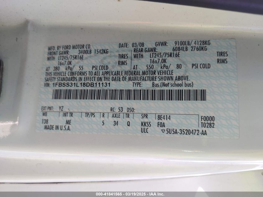 2008 Ford E-350 Super Duty Xl/Xlt VIN: 1FBSS31L18DB11131 Lot: 41841565