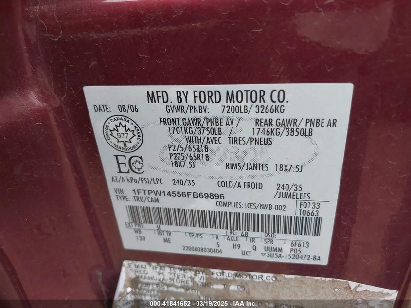 2006 FORD F-150 VIN: 1FTPW14556FB69896