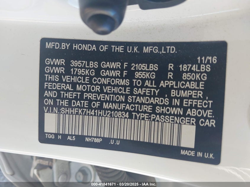 2017 HONDA CIVIC VIN: SHHFK7H41HU210834