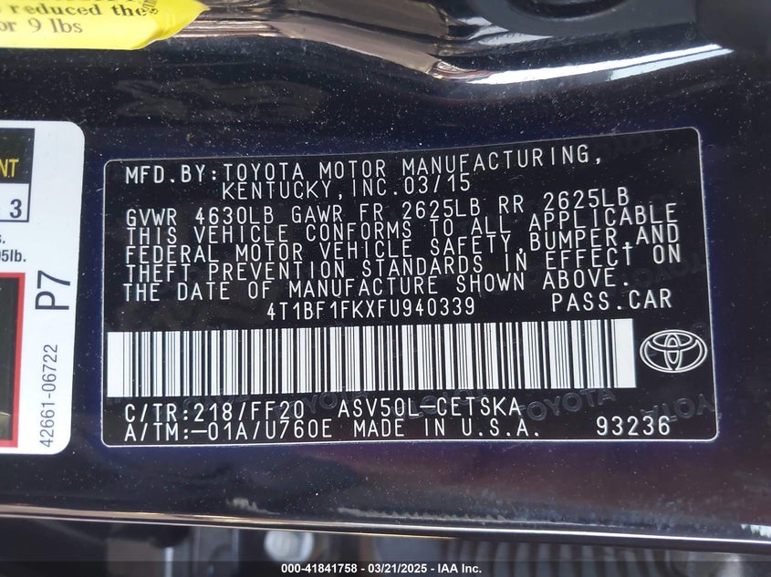 2015 TOYOTA CAMRY VIN: 4T1BF1FKXFU940339