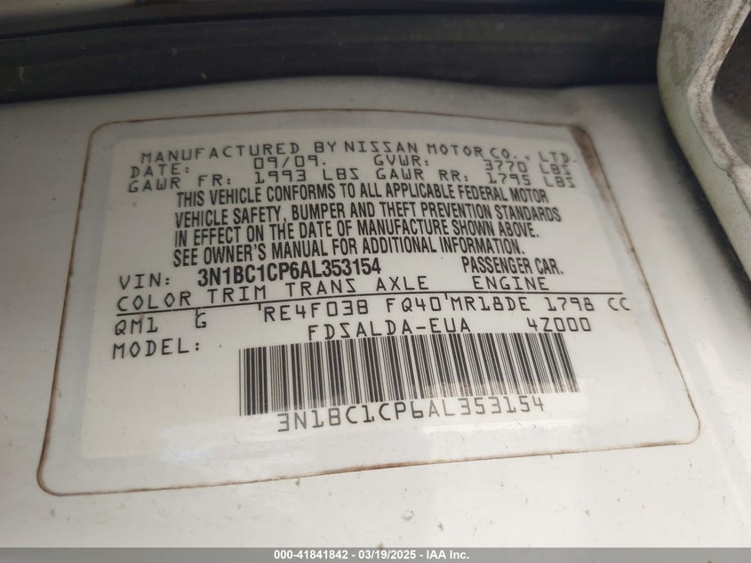 2010 NISSAN VERSA VIN: 3N1BC1CP6AL353154